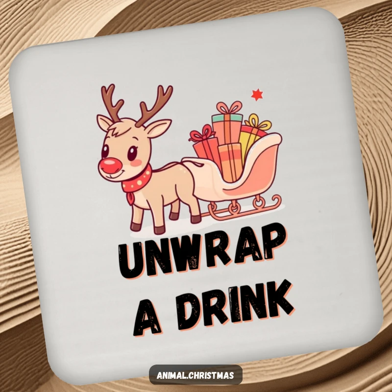 Funny coasters showcasing a cheerful reindeer pulling a tiny sleigh full of colorful gifts, perfect for holiday gatherings.