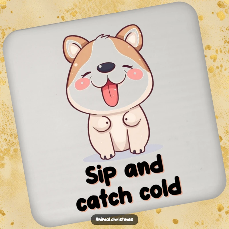 Funny Drink Coaster: An animal happily catches snowflakes on its tongue, adding a touch of whimsical winter joy.