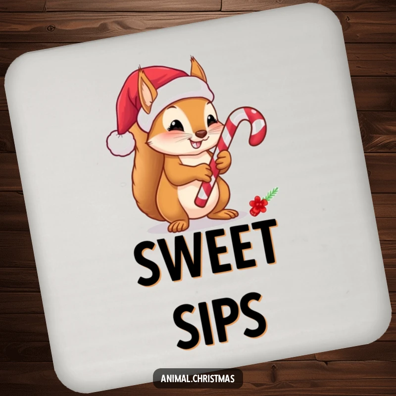 Funny Squirrel Candy Cane Coaster, a cute squirrel wearing a Santa hat holds a candy cane, perfect for protecting surfaces with holiday humor.
