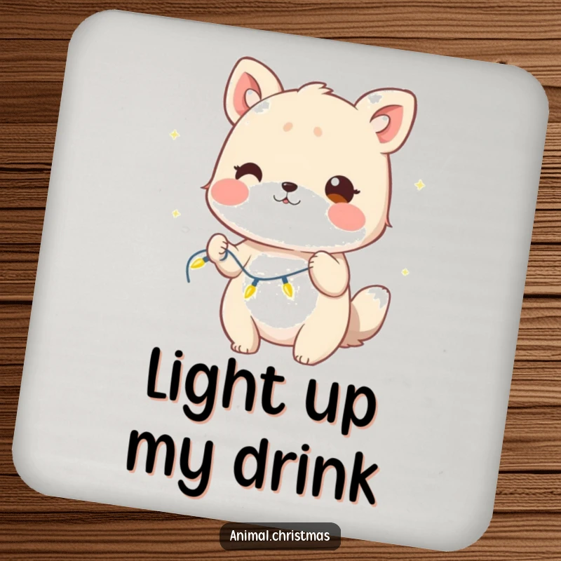 Funny Drink Coaster: A winking animal holds twinkling lights, adding a touch of playful mischief to surface protection.