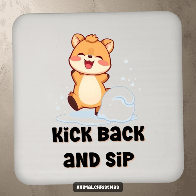 Funny Drink Coaster: An animal joyfully kicks up snow with a happy expression, adding energetic winter cheer.