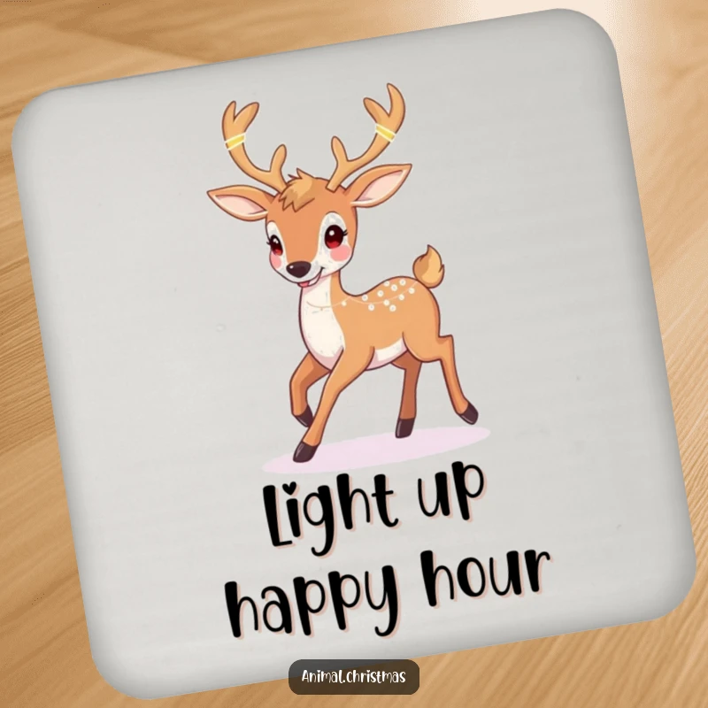 Funny deer Christmas coasters with a happy deer prancing with twinkling lights woven into its antlers, perfect for drink protection.