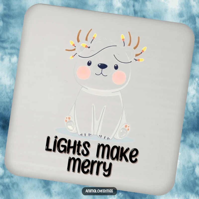 Funny coaster featuring a polar bear humorously tangled in twinkling Christmas lights, adding festive and protective charm.