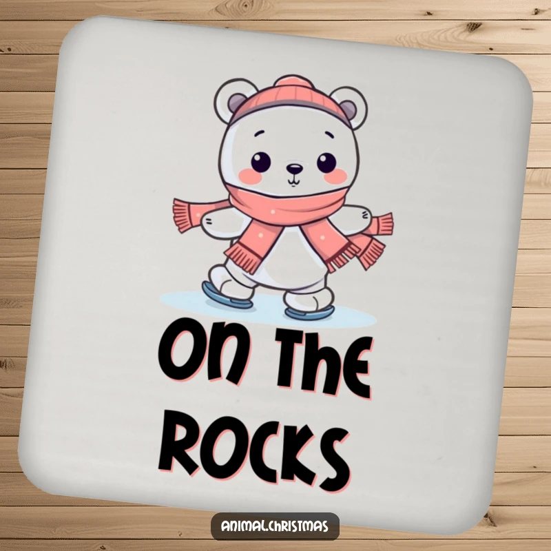 Funny kawaii polar bear ice skating with a scarf on drink coasters, offering humorous winter surface protection.