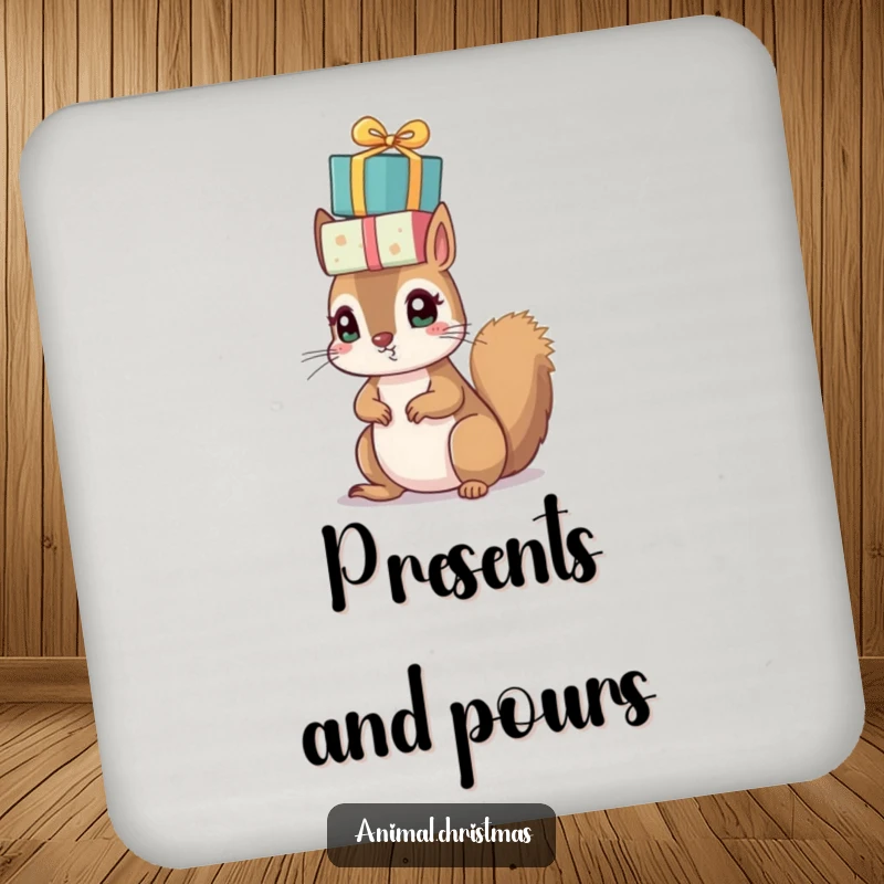 Funny Christmas coaster featuring a small squirrel with bright eyes, precariously balancing a pile of wrapped presents on its head.