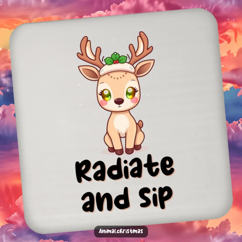 Funny kawaii deer drink coasters, with glowing eyes, radiating holiday cheer, cute holiday coasters protecting surfaces from drinks.