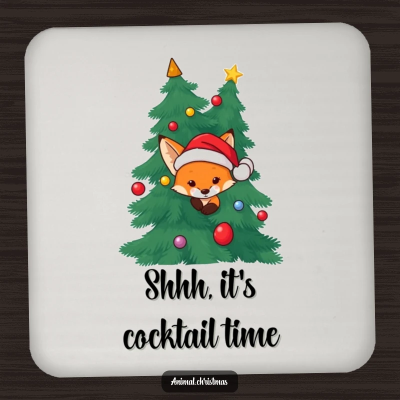 Funny Fox Santa Coasters: A fox wearing a Santa hat peeking from behind a Christmas tree, great for holiday protection.