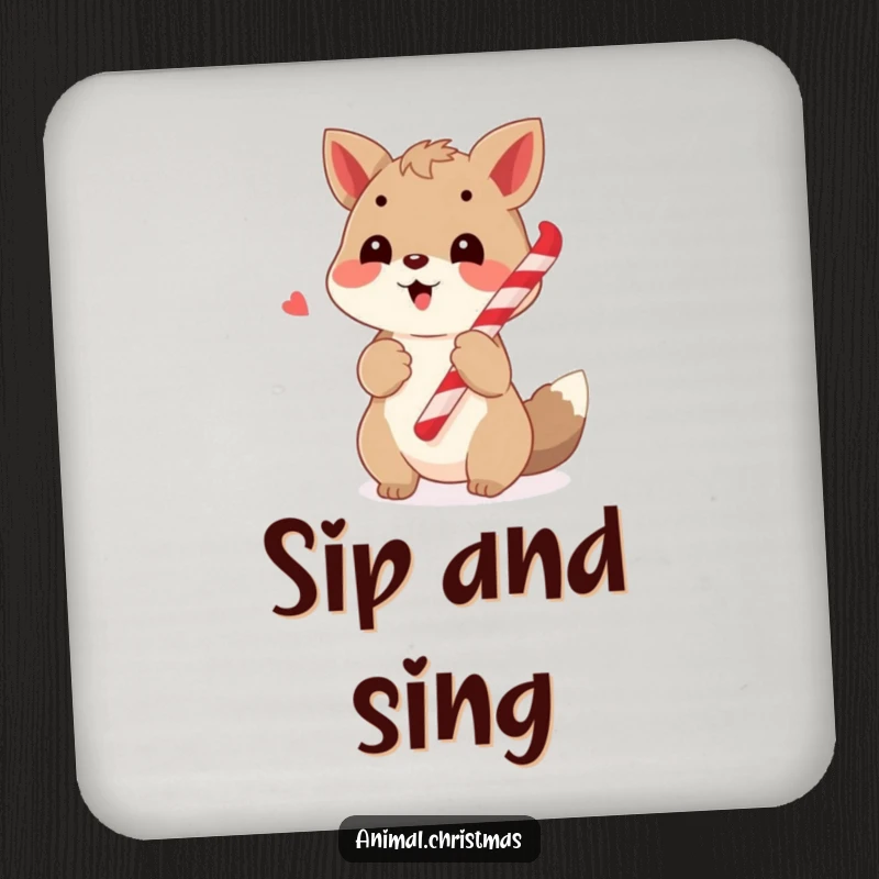 Funny drink coasters with a happy animal caroling with a candy cane, perfect for protecting tables with holiday musical cheer.