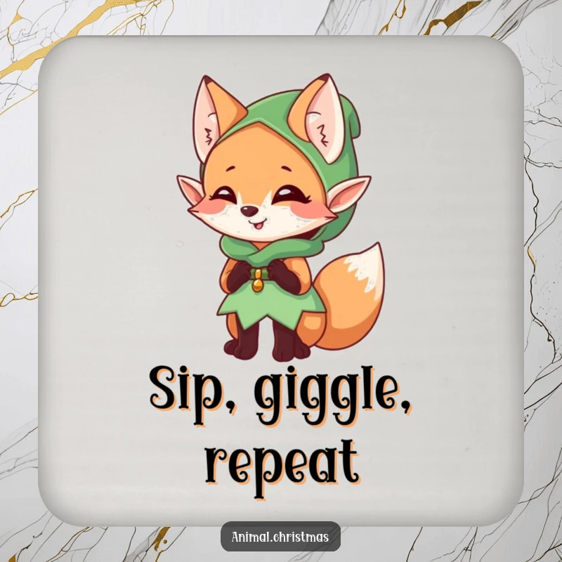 Funny elf fox drink coaster, a mischievous character giggling, dressed as an elf, stylish surface protection.