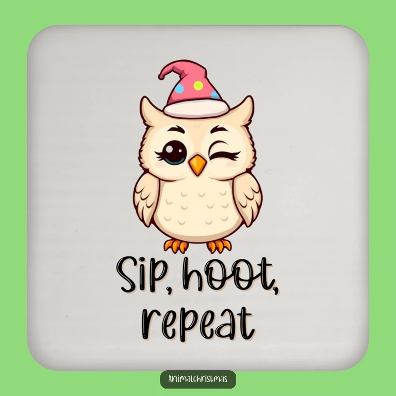 Funny Kawaii Owl Festive Hat Coaster Set: Protect Surfaces with Humor