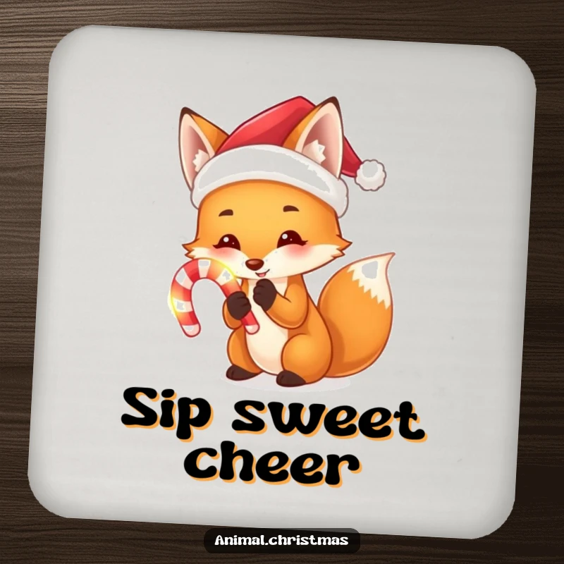 Funny drink coasters showing a fox in a Santa hat holding a glowing candy cane, ideal for protecting surfaces with holiday flair.