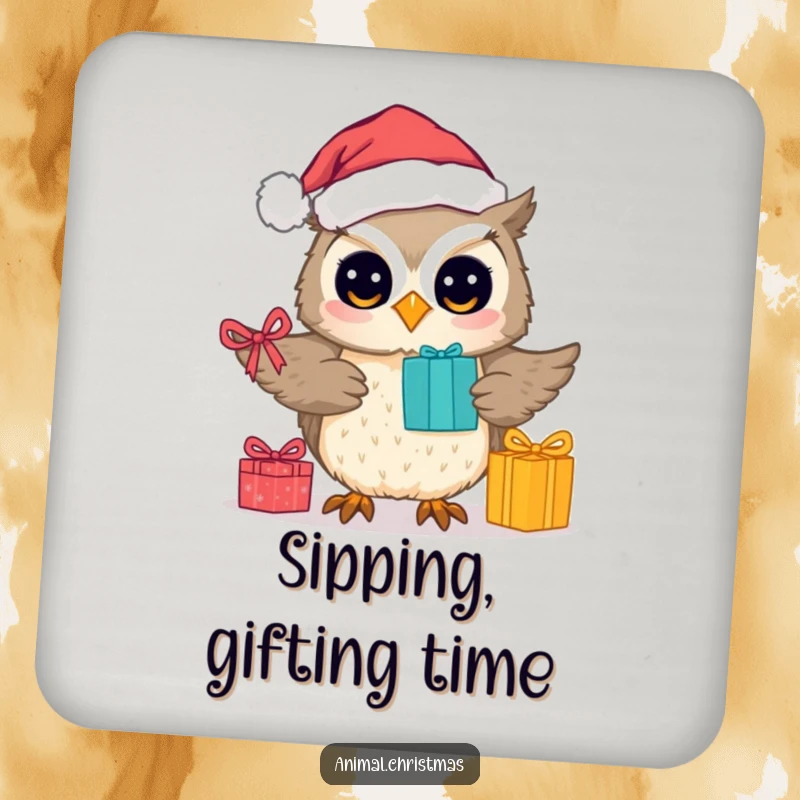 Funny drink coaster featuring a cute owl dressed as Santa, presenting gifts, adding holiday charm to tables.