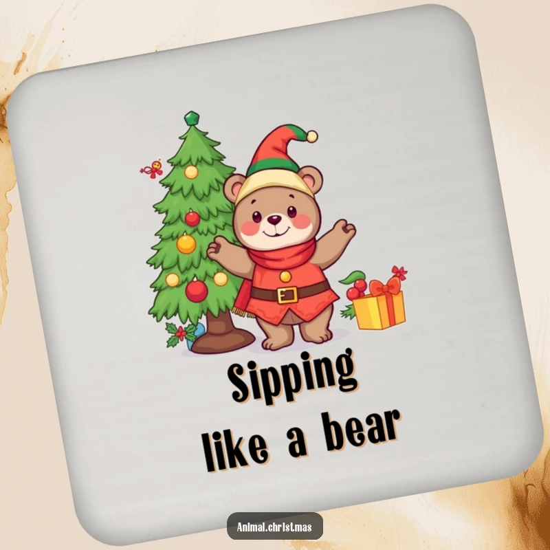 Funny drink coaster with a cheerful bear dressed as an elf, adorning a Christmas tree with ornaments.