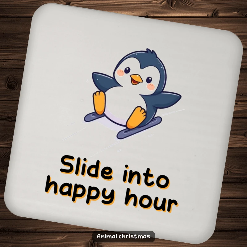 Funny kawaii penguin sliding down a snowy hill with glee, featured on protective drink coasters.