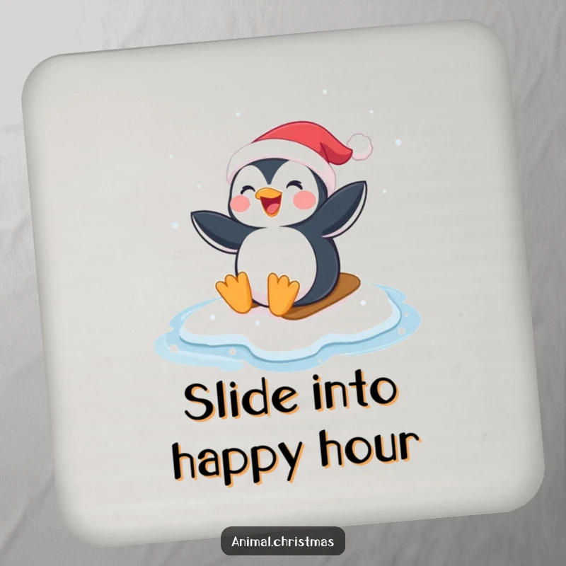 Funny Penguin Santa Coasters: A penguin wearing a Santa hat joyfully sliding on ice, great for holiday protection.
