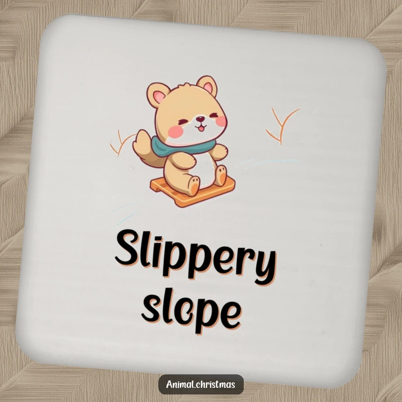 Funny drink coaster with an animal gleefully sliding down a snowy hill on a sled, adding winter fun and humor.