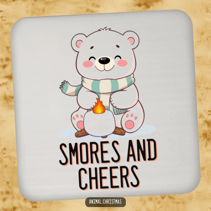 Funny Polar Bear Marshmallow Coasters: A polar bear with a festive scarf happily roasting a marshmallow, great for surface protection.