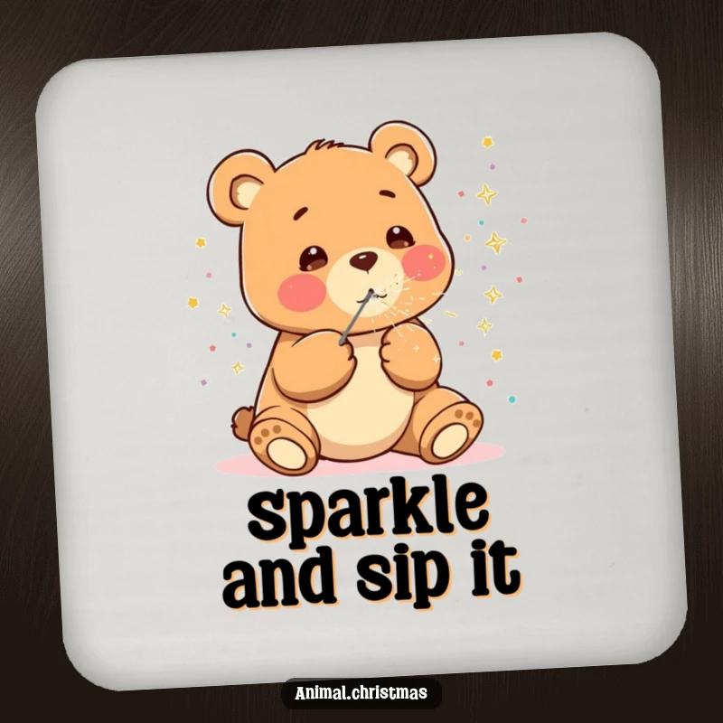 Funny kawaii bear drink coasters, happily blowing sparkly confetti, cute celebration coasters protecting surfaces from drinks.
