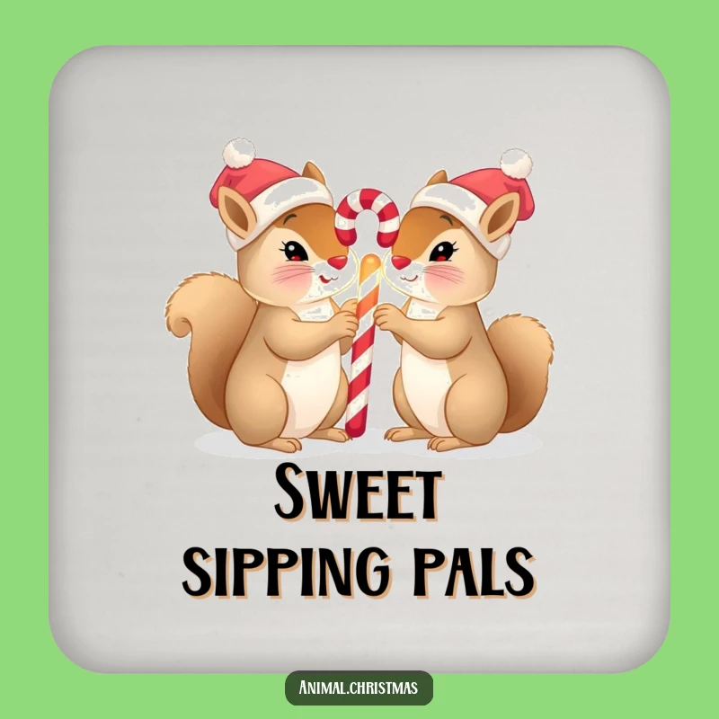 Funny Squirrel Christmas Coasters: Tiny Hats & Candy Cane, Protect Surfaces Gift
