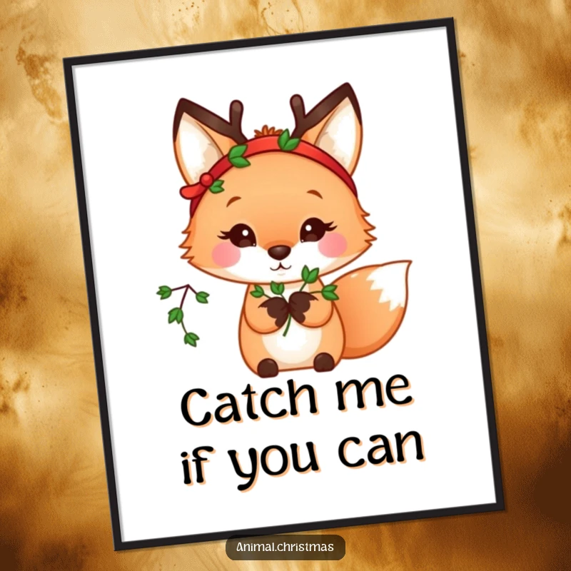 Funny kawaii fox wearing a reindeer headband, holding mistletoe, a charming poster for holiday decor.