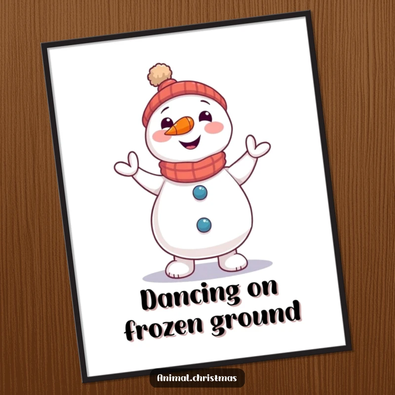 Funny Snowman Jig Poster: A snowman with a carrot nose doing a little jig, perfect holiday wall decor.