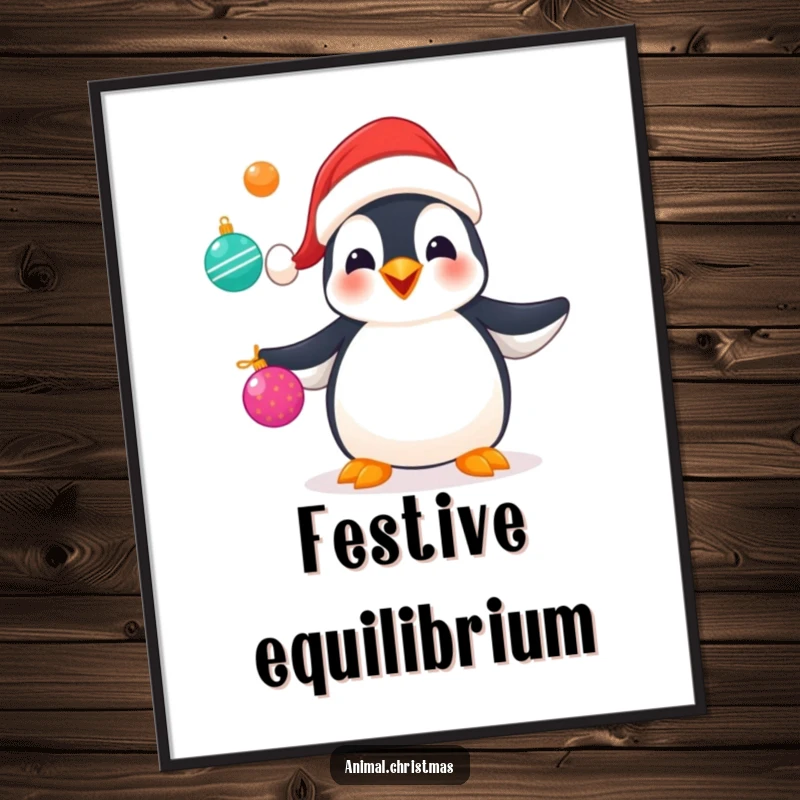 Funny poster of a penguin in a Santa hat skillfully juggling a collection of colorful Christmas ornaments, bringing festive joy.
