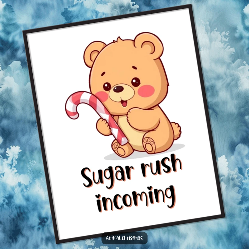 Funny poster art showing a delighted bear cub holding a candy cane, exuding excitement and holiday cheer.