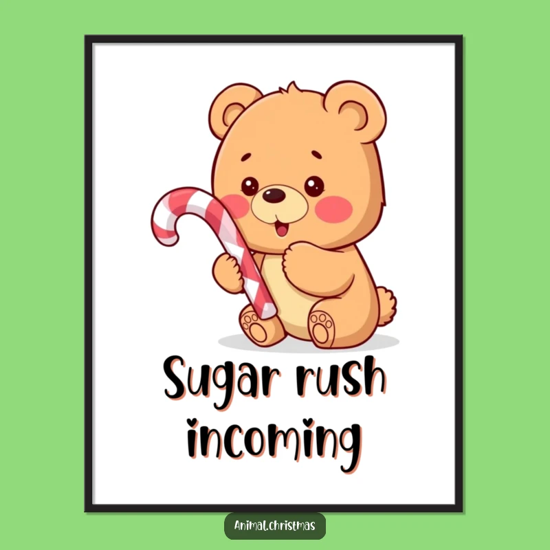 Funny Bear Cub Candy Cane Poster: Excited Cub Art for a Festive Funny Gift