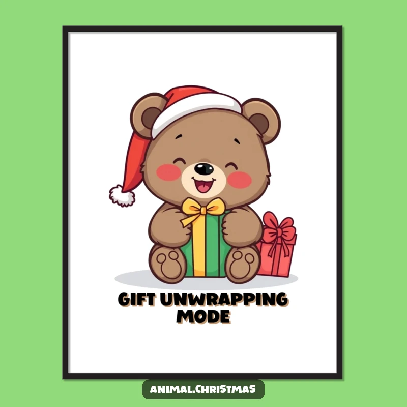 Funny Bear Santa Poster: Festive Gift Unwrapping Art, Hilarious Wall Decor, Unique Gift