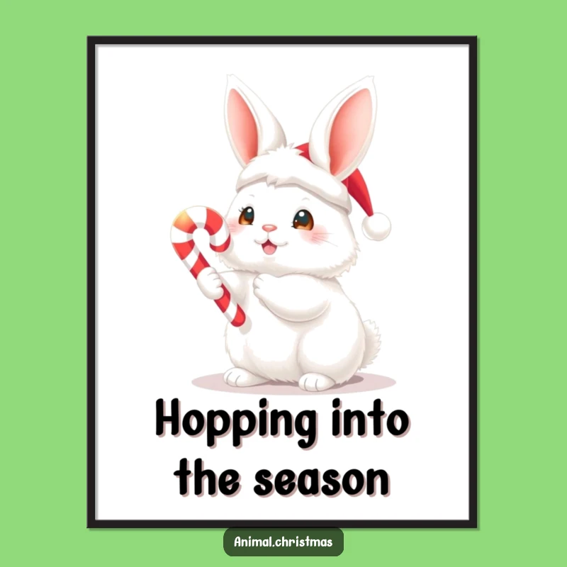 Funny Bunny With Candy Cane Poster - Whimsical Christmas Wall Art