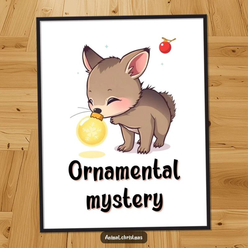 Funny poster art of an animal curiously sniffing a glowing Christmas ornament, capturing holiday wonder and festive fascination.