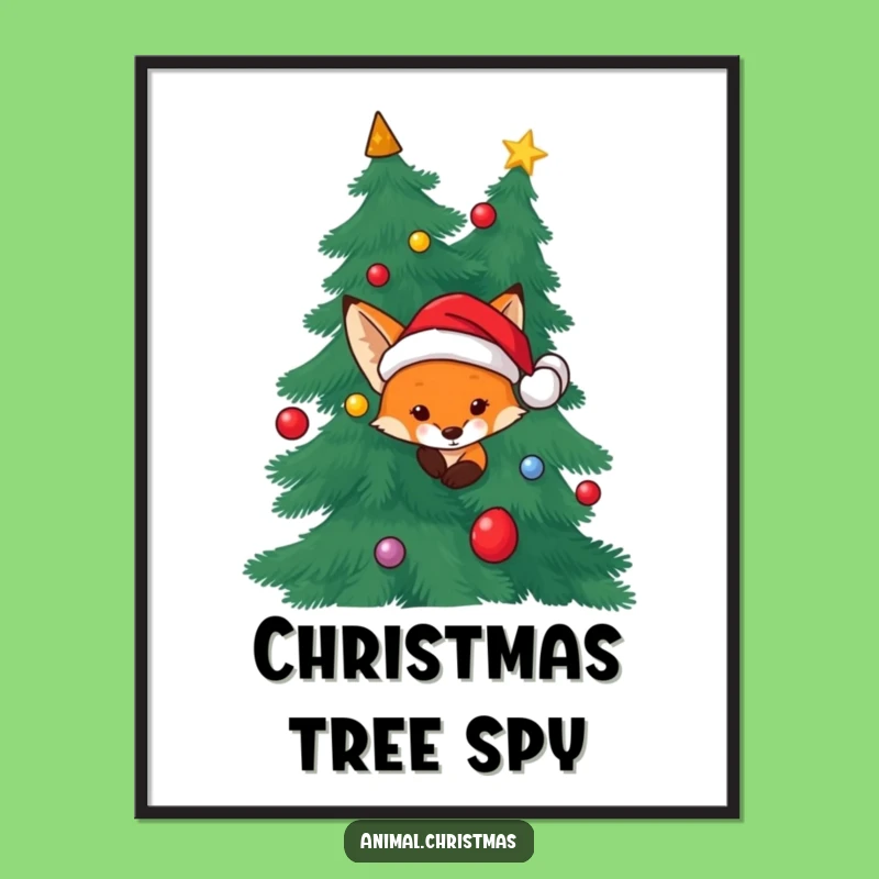 Funny Fox Poster - Santa Hat Christmas Peek Holiday Art