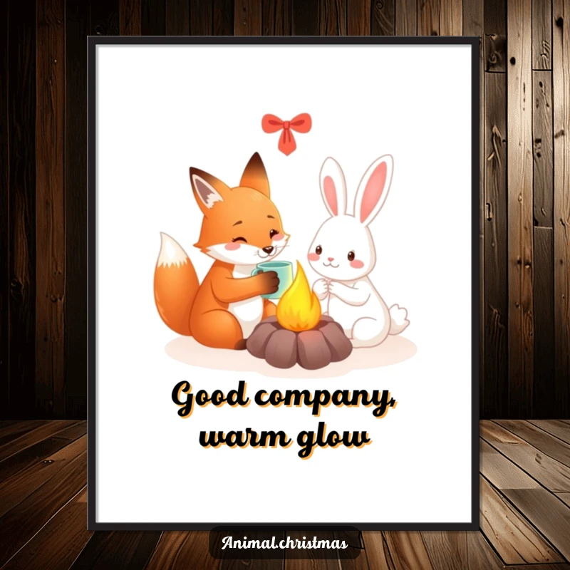 Funny fox and rabbit poster illustrating friends sharing a warm mug by a festive fire, creating heartwarming wall art.