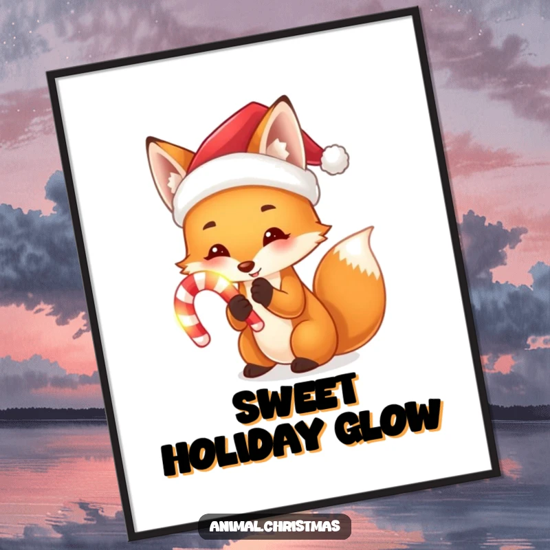 Funny poster artwork of a fox wearing a Santa hat, holding a luminous candy cane, radiating enchanting holiday cheer.