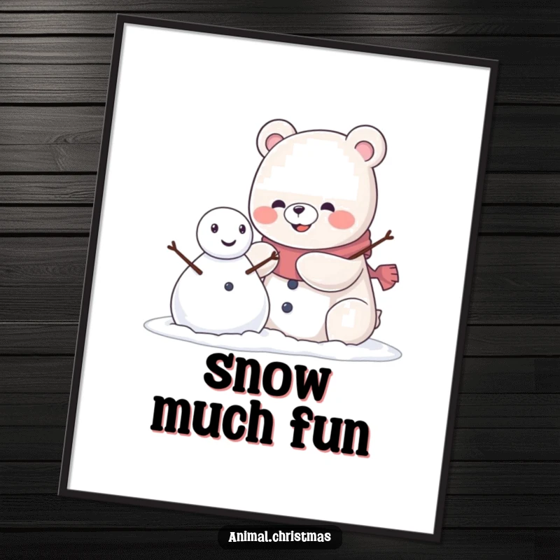 Funny kawaii bear with a pleased grin building a snowman, a cheerful poster for winter decoration.