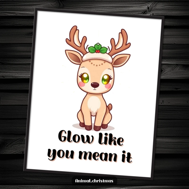 Funny kawaii deer poster, with glowing eyes, radiating holiday cheer, cute holiday wall art, magical and festive illustration.