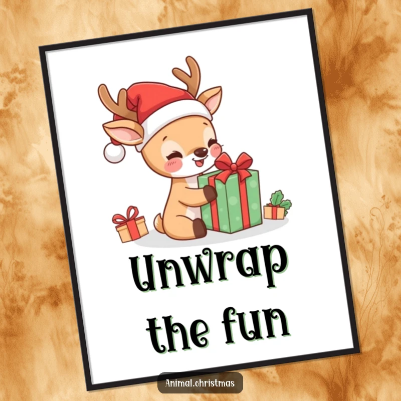 Funny kawaii deer in Santa hat, joyfully unwrapping a present, displayed as a festive poster, bringing holiday humor.