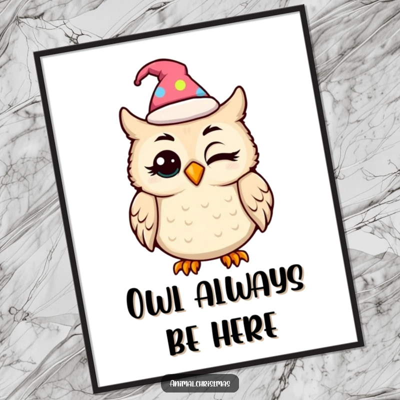 Funny kawaii owl in a festive hat blinking with amusement, a delightful poster for festive decor.