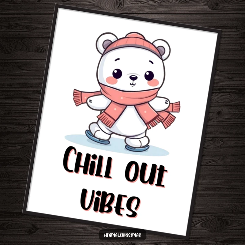Funny kawaii polar bear cheerfully ice skating with a scarf on a poster, bringing winter cheer.