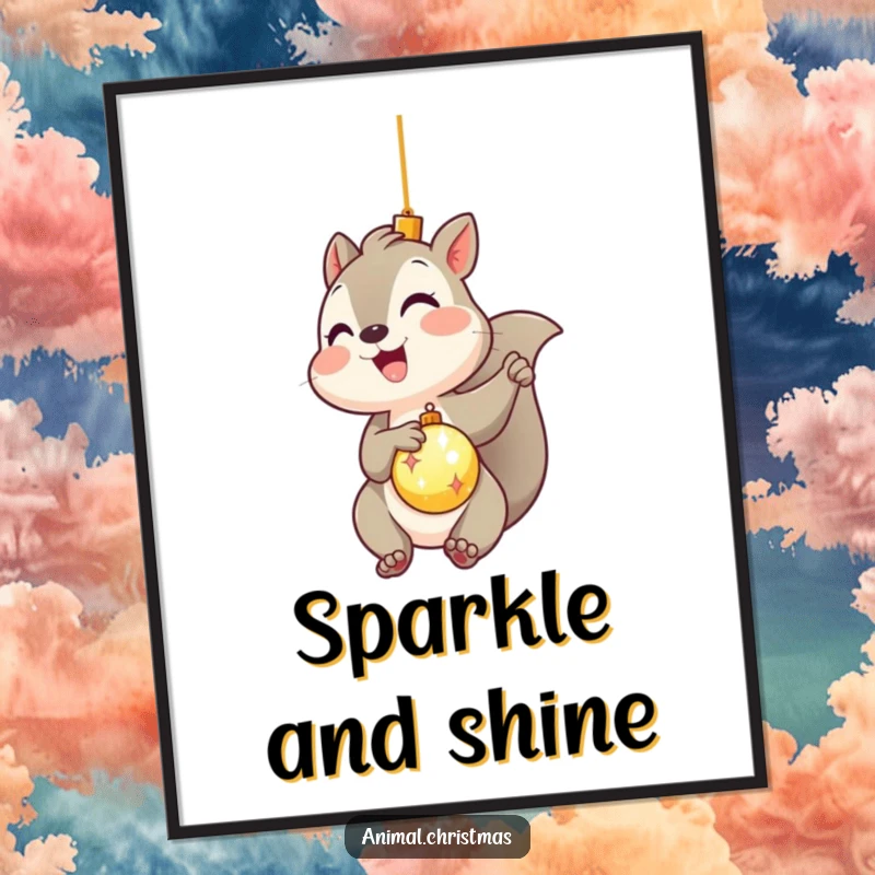 Funny kawaii squirrel gleefully hanging a shiny ornament on a Christmas tree on a poster, adding festive humor.