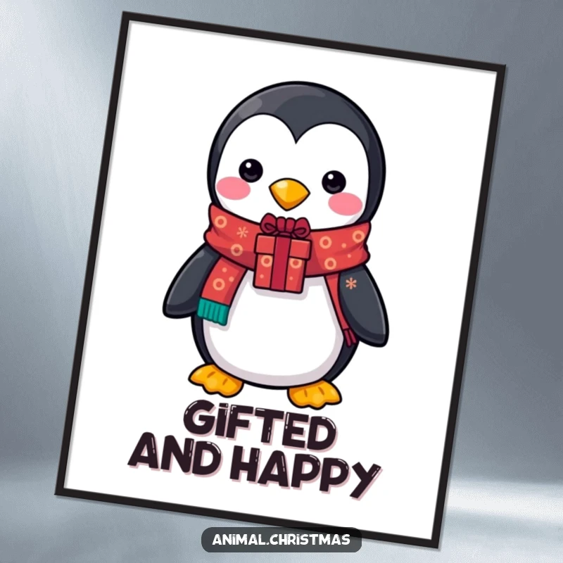 Funny poster showcasing a penguin in a festive scarf, holding a decorated gift, adding cute and humorous holiday decor.