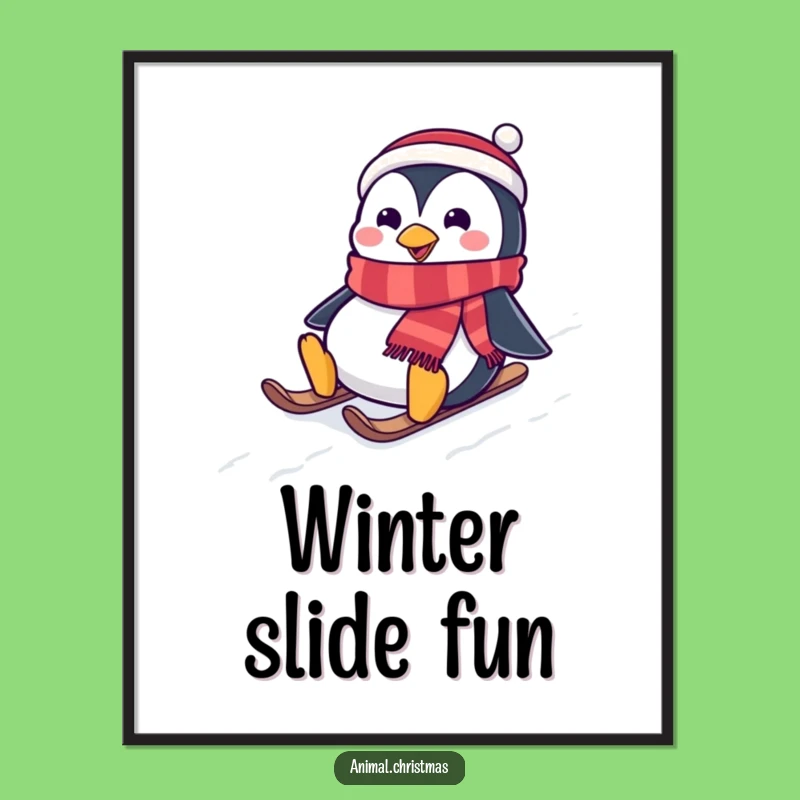 Funny Penguin Sliding Poster: Snowy Hill Art, Hilarious Festive Decor, Unique Gift Idea