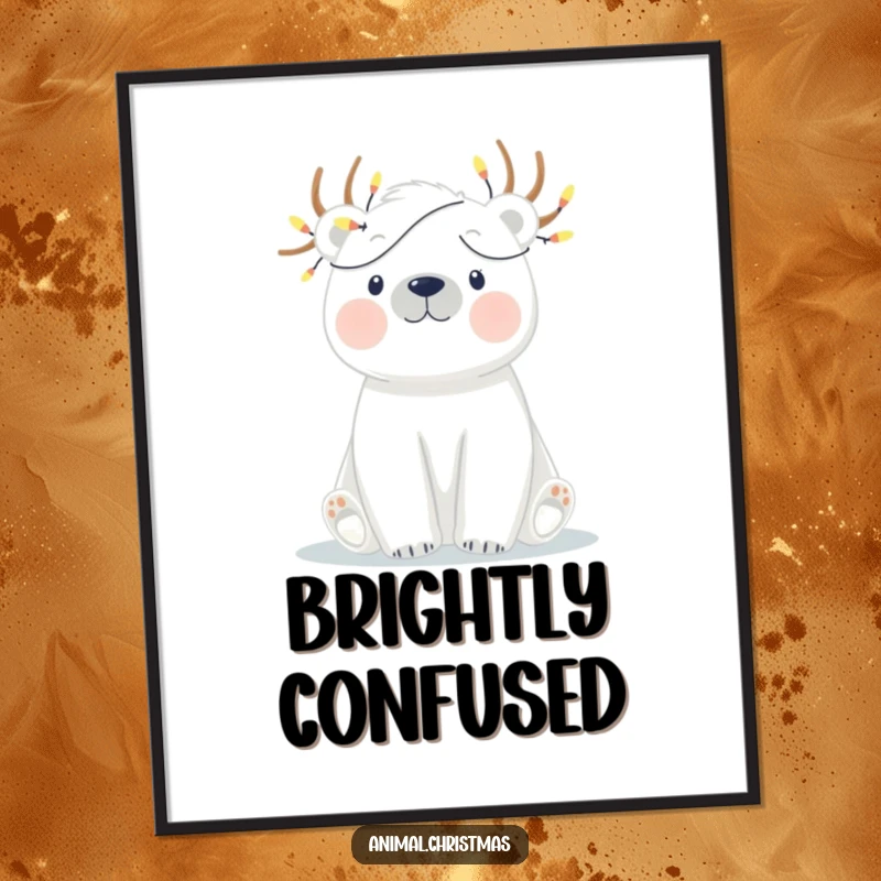 Funny poster of a polar bear humorously tangled in twinkling Christmas lights, creating a hilarious and festive wall art piece.