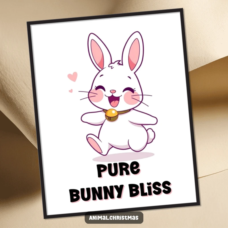 Funny poster of an excited bunny wearing a jingle bell collar, captured in a joyful, bouncy holiday pose.