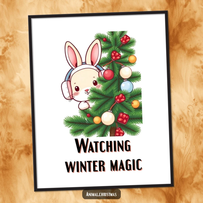 Funny rabbit poster depicting a rabbit wearing earmuffs, peeking from behind a decorated pine tree, perfect for winter wall art.