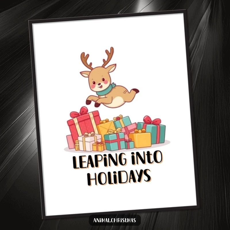 Funny poster print of a cute reindeer gleefully leaping high above a large pile of Christmas presents, capturing pure holiday excitement.