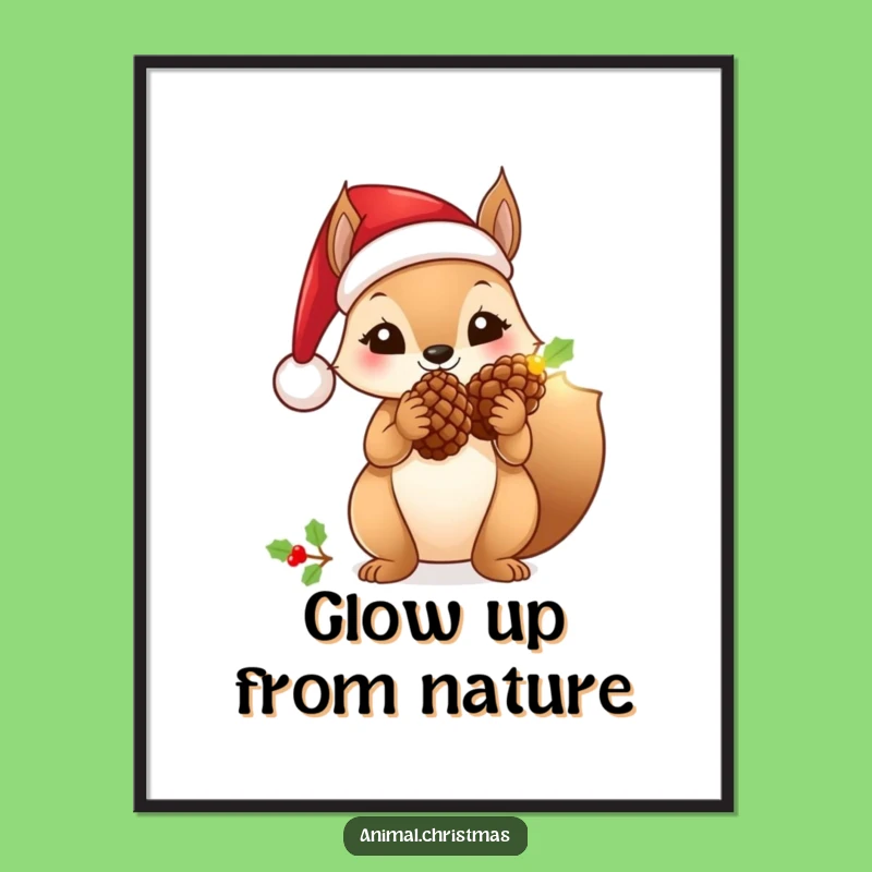 Funny Santa Squirrel Poster: Festive Holiday Art with a Glowing Pinecone