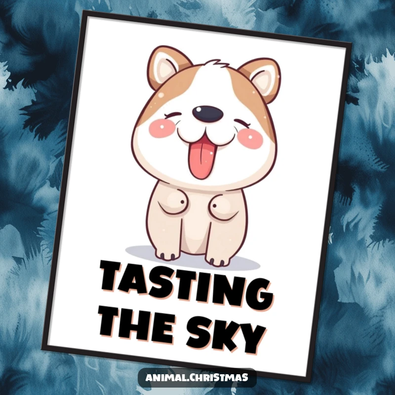 Funny Poster: A happy animal is depicted catching falling snowflakes with its tongue, celebrating winter's magic.