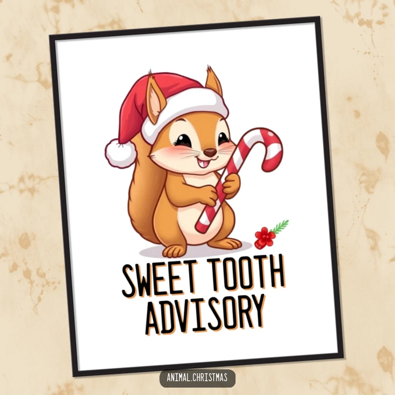 Funny Squirrel Candy Cane Poster, a charming illustration of a squirrel in a Santa hat holding a candy cane, adding festive humor to wall decor.