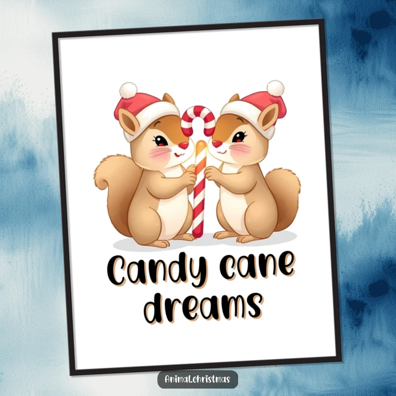 Funny squirrel Christmas poster of two squirrels in tiny hats sharing a glowing candy cane, bringing festive charm to any wall.